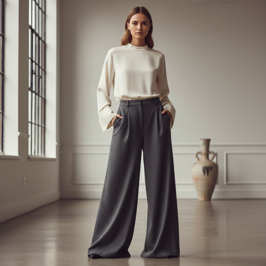 Wide leg trousers in charcoal gray, flowing fabric, model walking outdoors in soft light