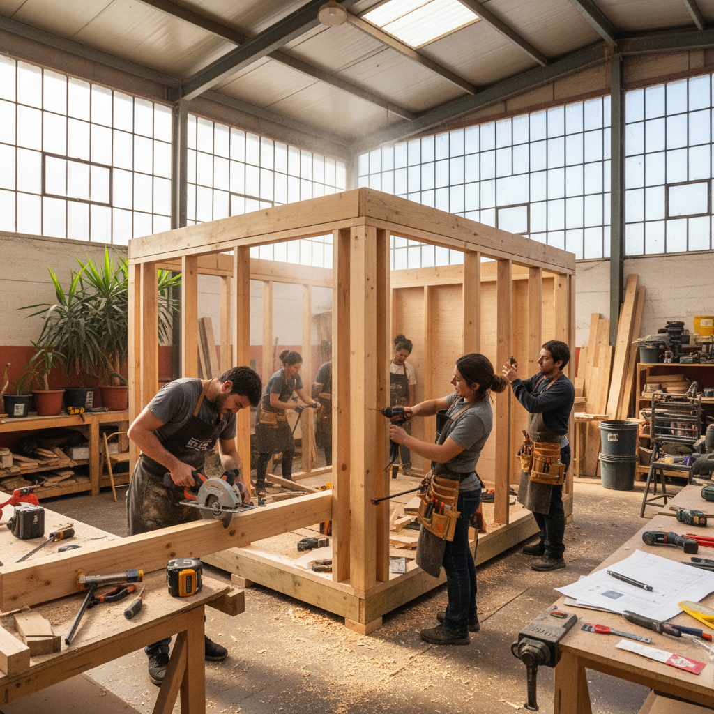 Craftsman hands working on wood in a tiny house workshop