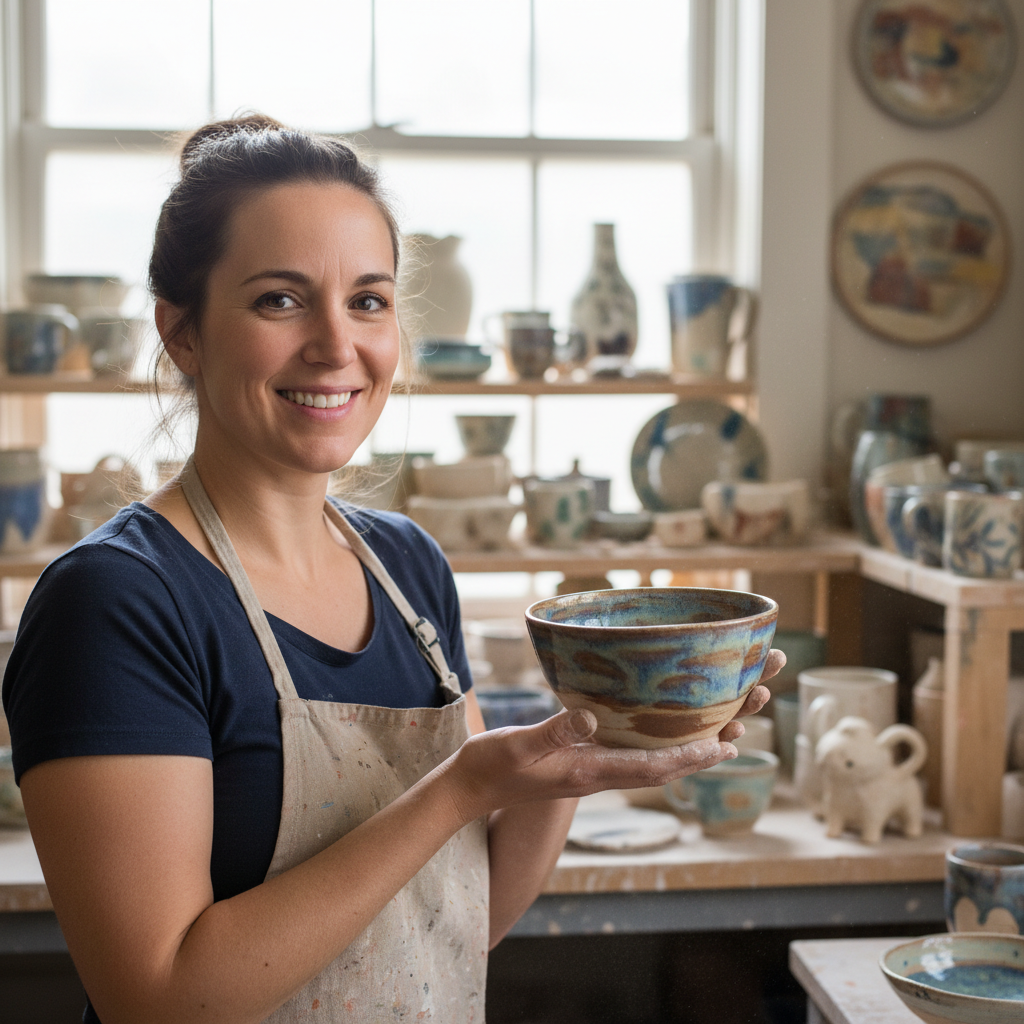 Ceramicist James Thornton smiling in clay-covered apron