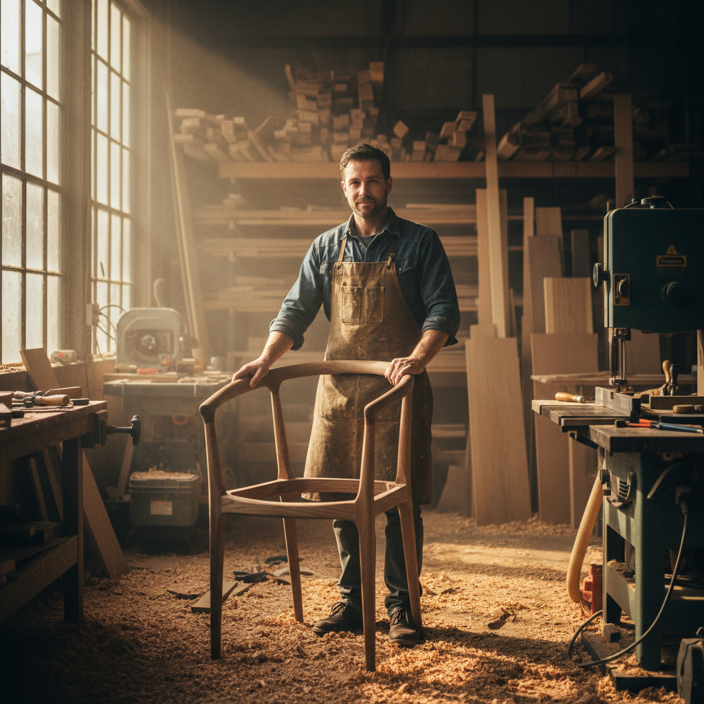 Marcus Delacroix, custom furniture maker with sawdust on apron, standing in workshop