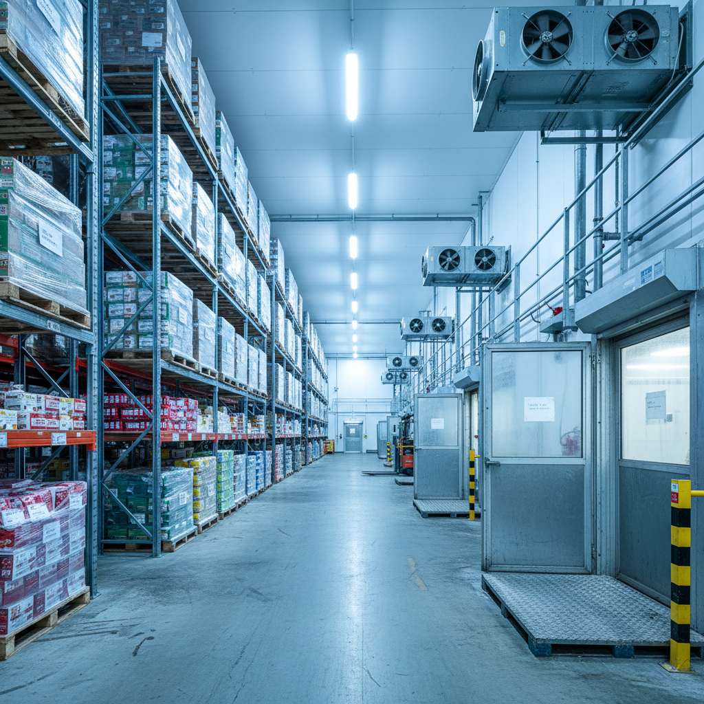 Cold storage warehouse interior with racking systems and refrigerated loading area