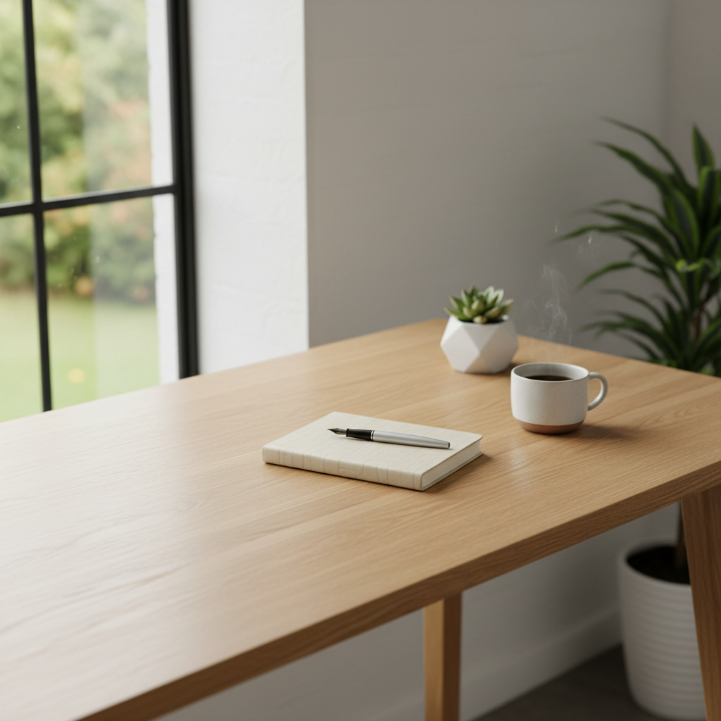 Clean minimal desk with a single notepad and pen, representing clarity and simplicity in communication