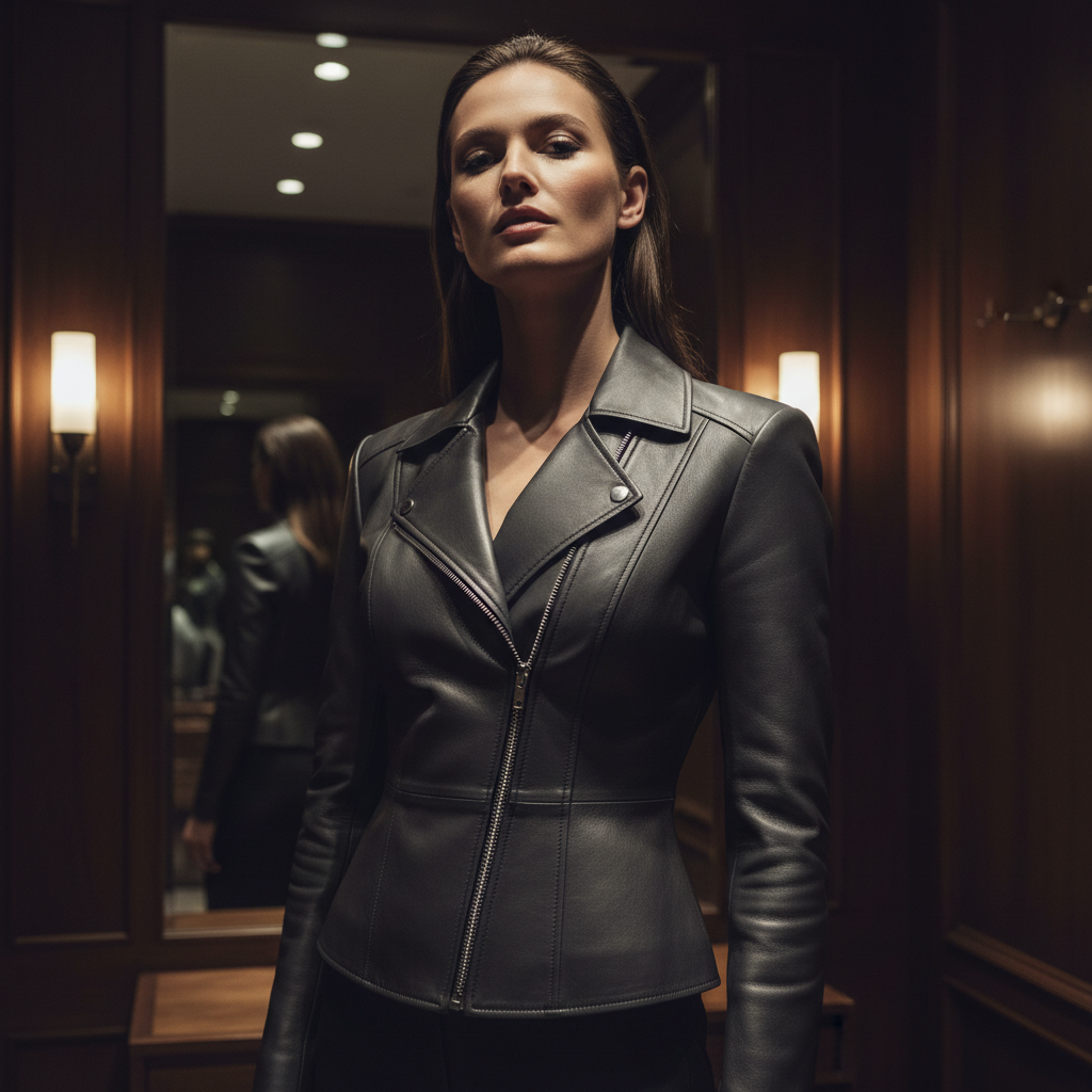 Woman in structured tailored suit jacket, dim atmospheric studio, dark charcoal walls, low-key directional lighting