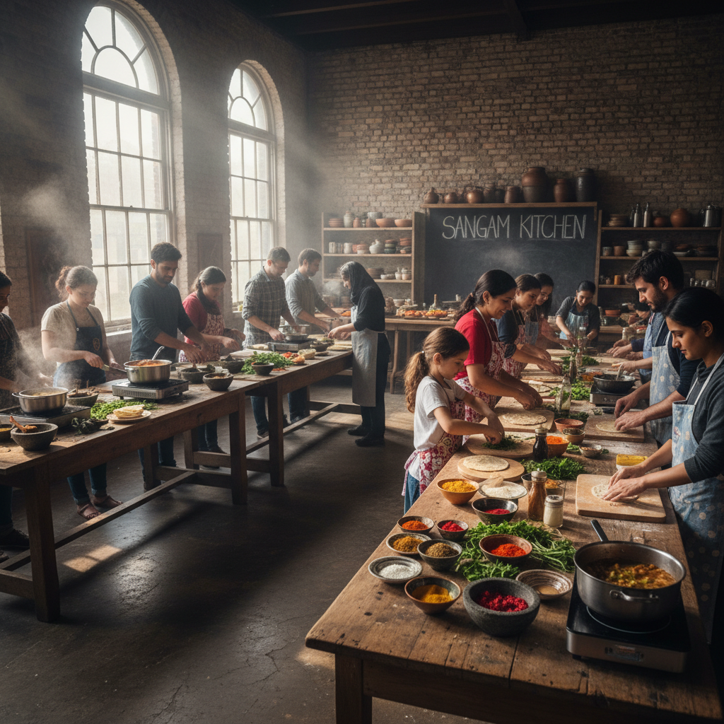 Community members cooking together at Sangam kitchen event