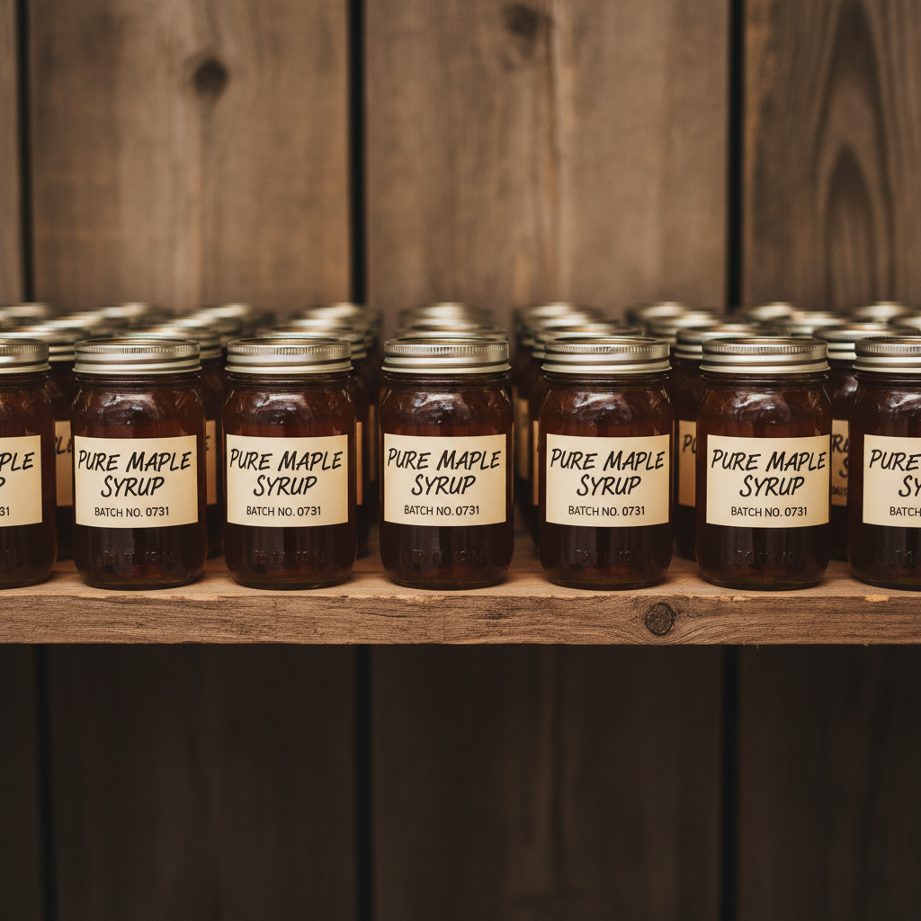 Rows of sealed glass mason jars of maple syrup on a wooden shelf, hand-labeled with batch numbers