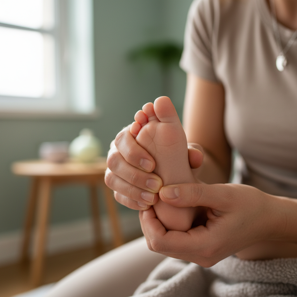 Parent gently applying baby lotion to newborn's soft feet