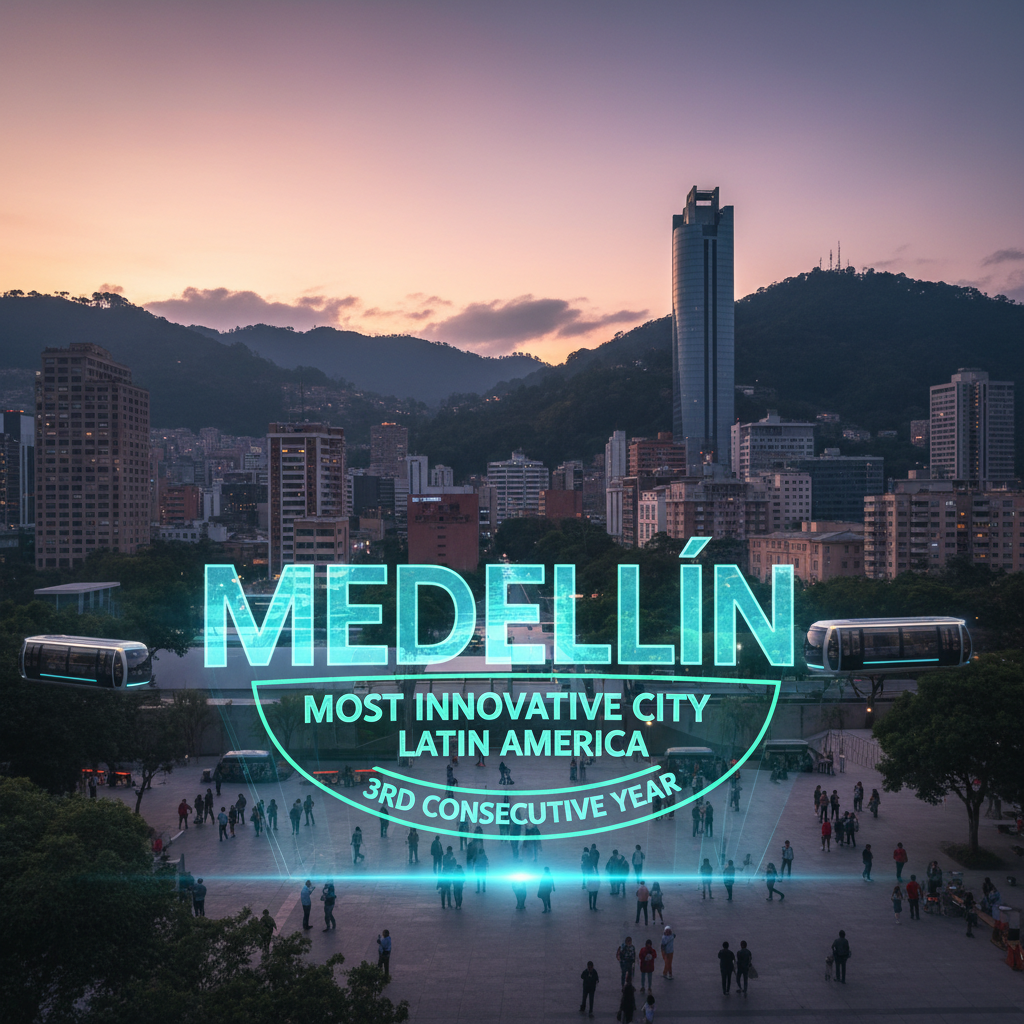 Aerial view of Medellín city skyline at dusk with glowing lights across the valley, Colombia