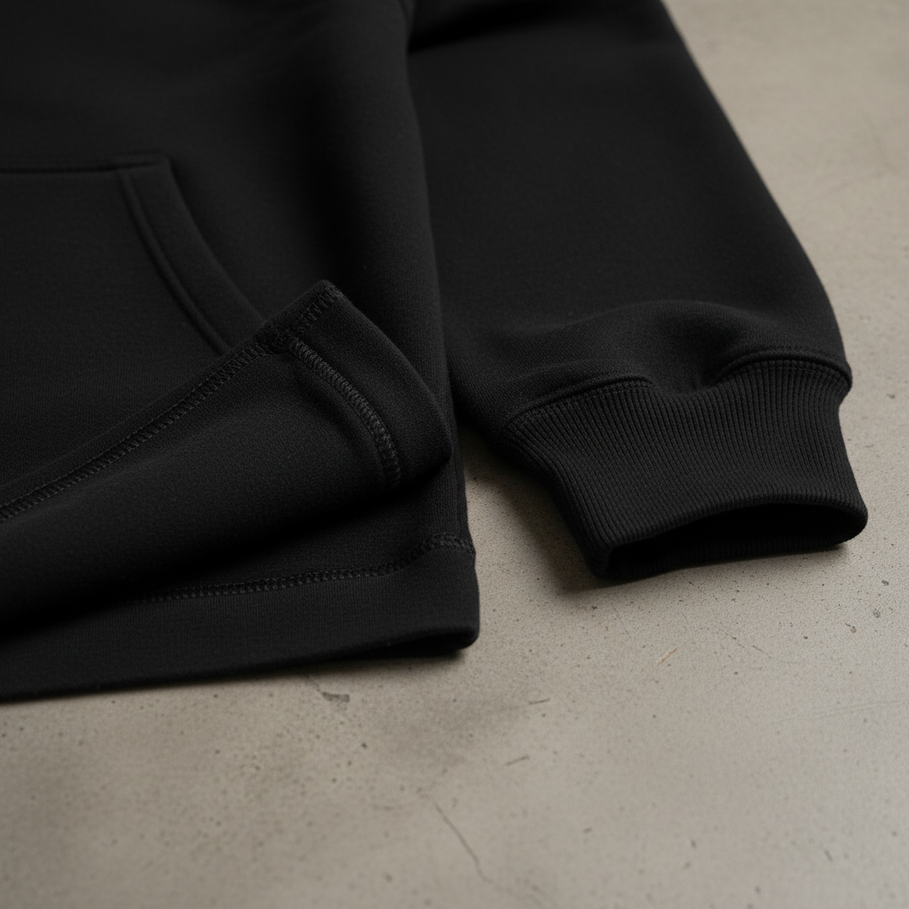 Close up of black hoodie fabric texture detail, dramatic studio lighting, premium material quality visible