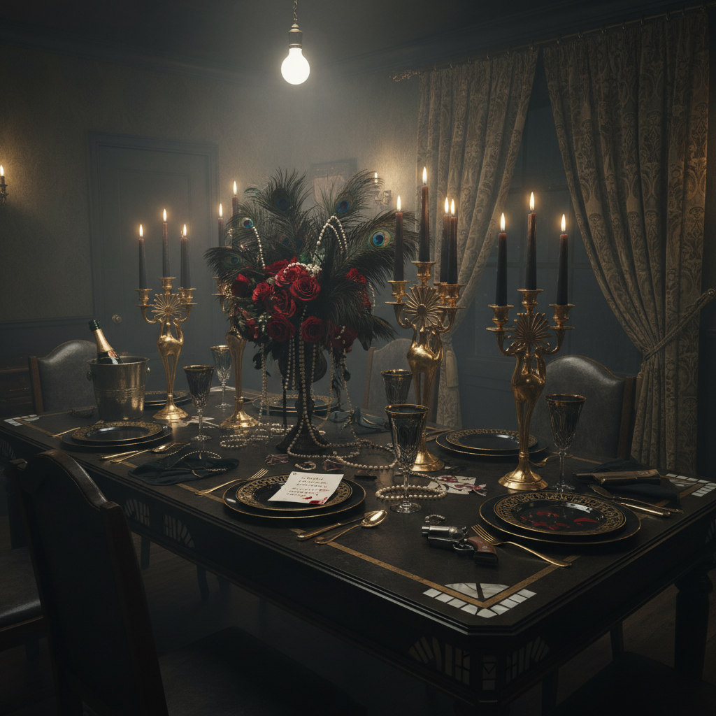 Dark art deco dining table with gold candelabras, champagne glasses, and feather centerpieces for a 1920s speakeasy murder mystery