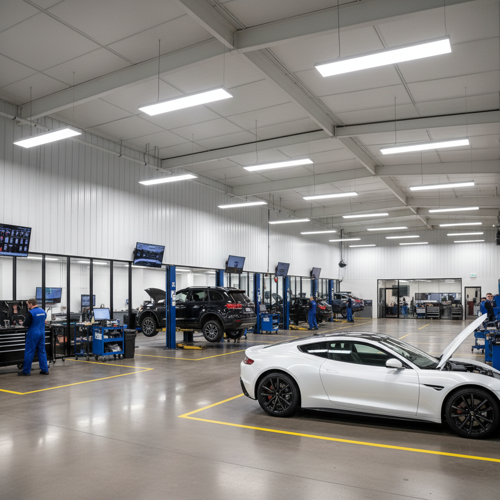 Professional car wash facility interior with multiple service bays, bright LED lighting and clean organized workshop environment