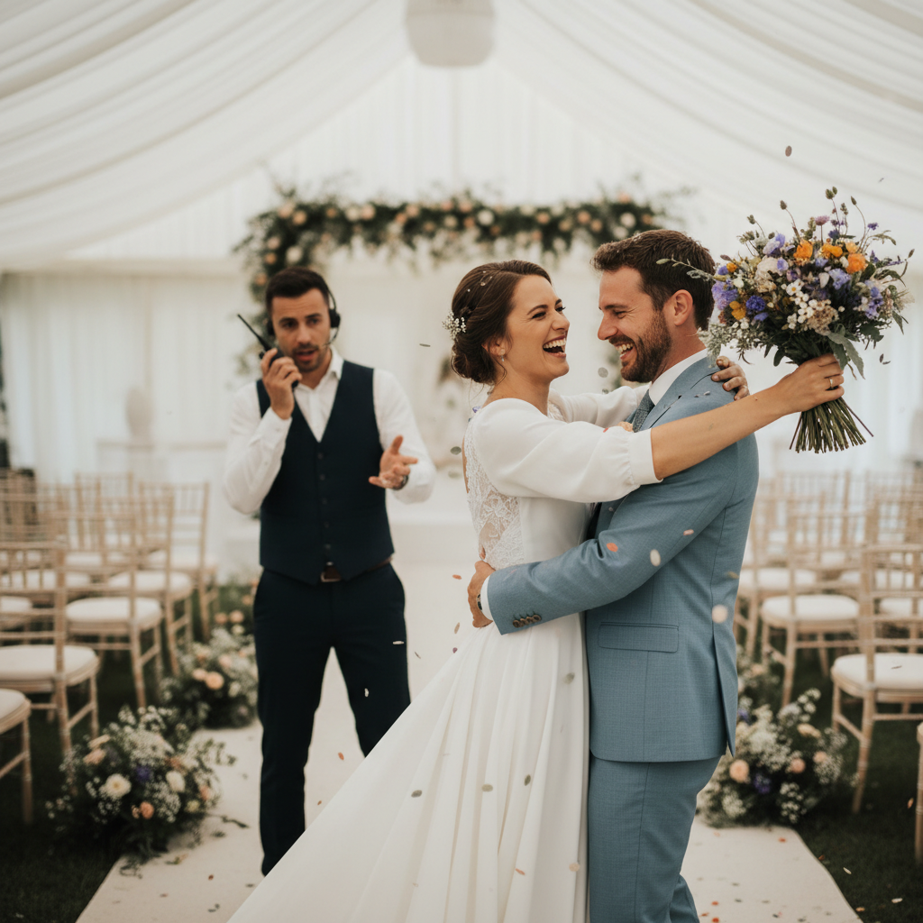 Coordinator in background with walkie-talkie managing logistics while couple celebrates, unobtrusive