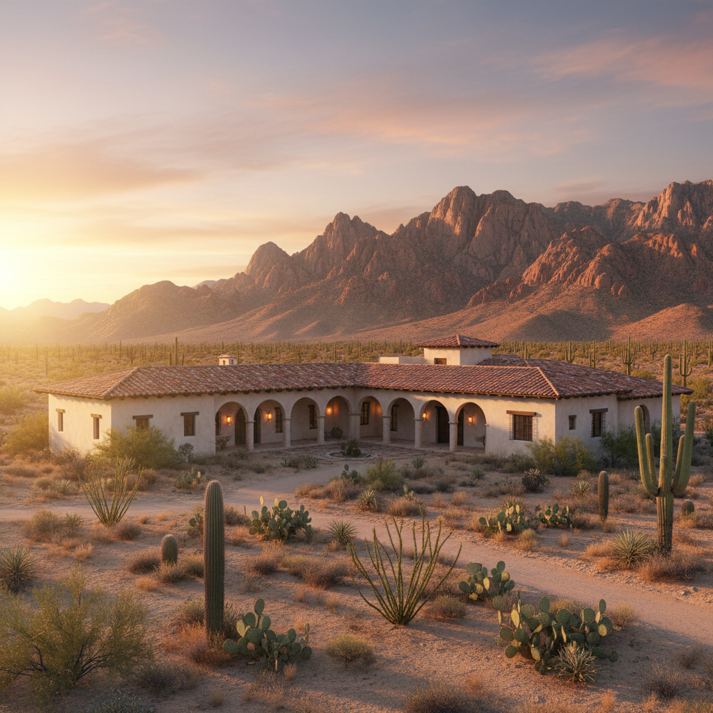 Aerial view of Scottsdale Arizona luxury neighborhoods with Camelback Mountain backdrop, desert landscape at golden hour