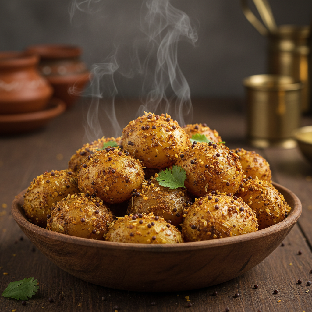 Steaming bowl of aloo ke gutke — small potatoes with dry spice crust, mustard seeds visible on surface