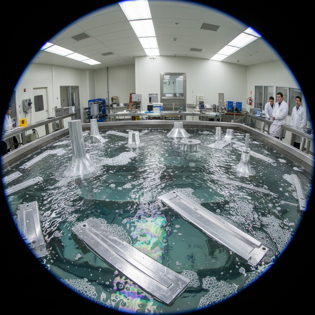 Aerospace components undergoing anodizing surface treatment process in chemical bath with precision temperature control
