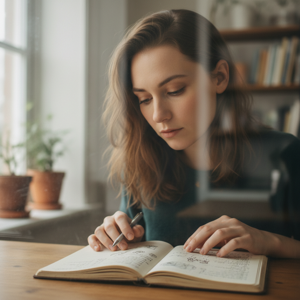 Woman in reflection, notebook open, soft window light