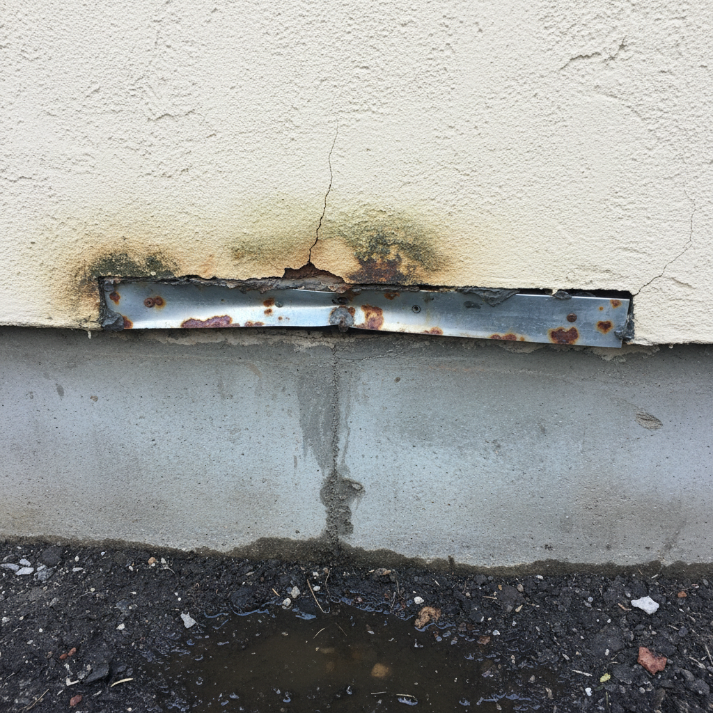 Flashing not kicked out over weep screed at stucco to foundation transition