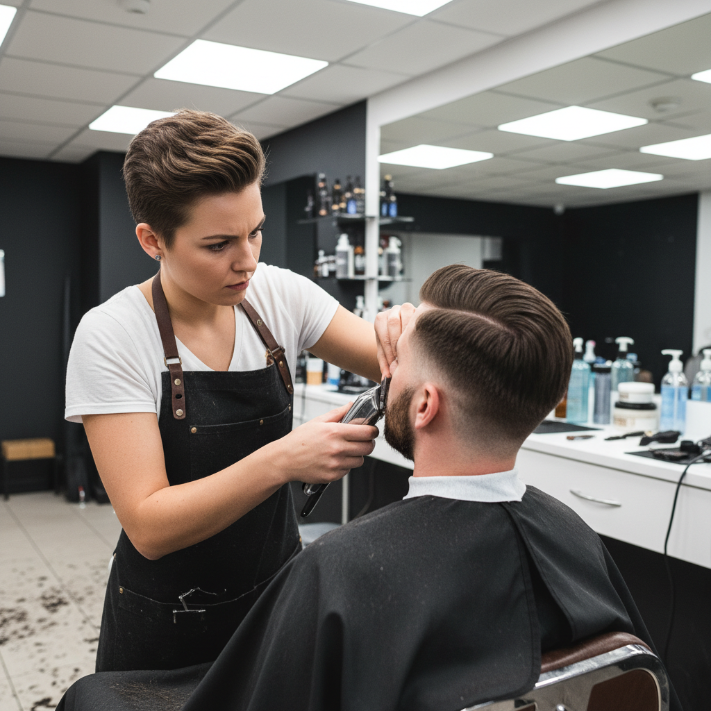Men grooming and beard trim in luxury barbershop, clean lines, professional tools