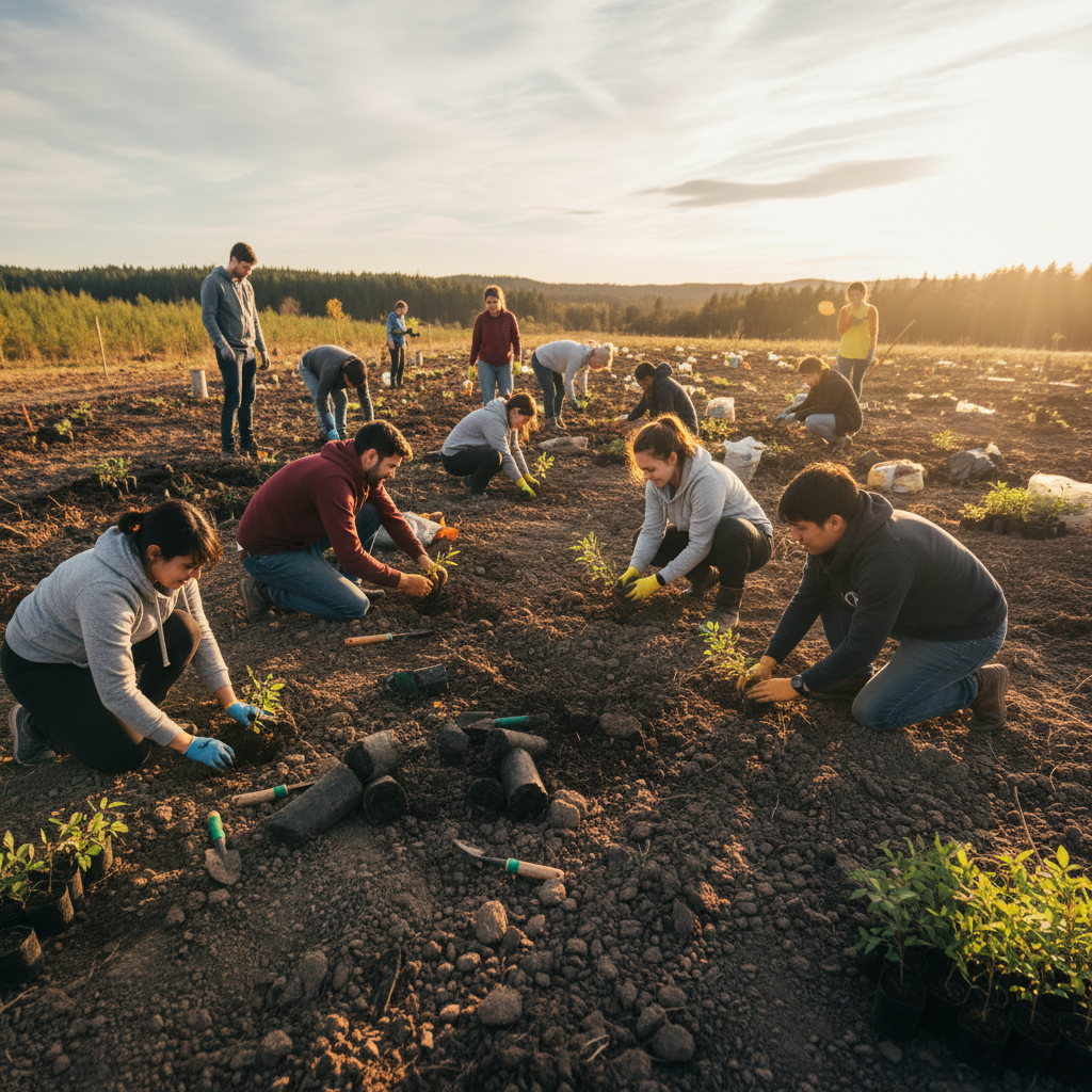 Community volunteers planting native species in an urban restoration lot, working together with seedlings and soil