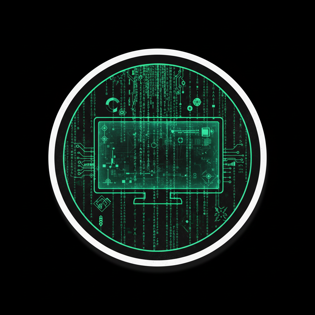 Green matrix code raining down on dark background, digital circuit board texture, deep shadows, technological