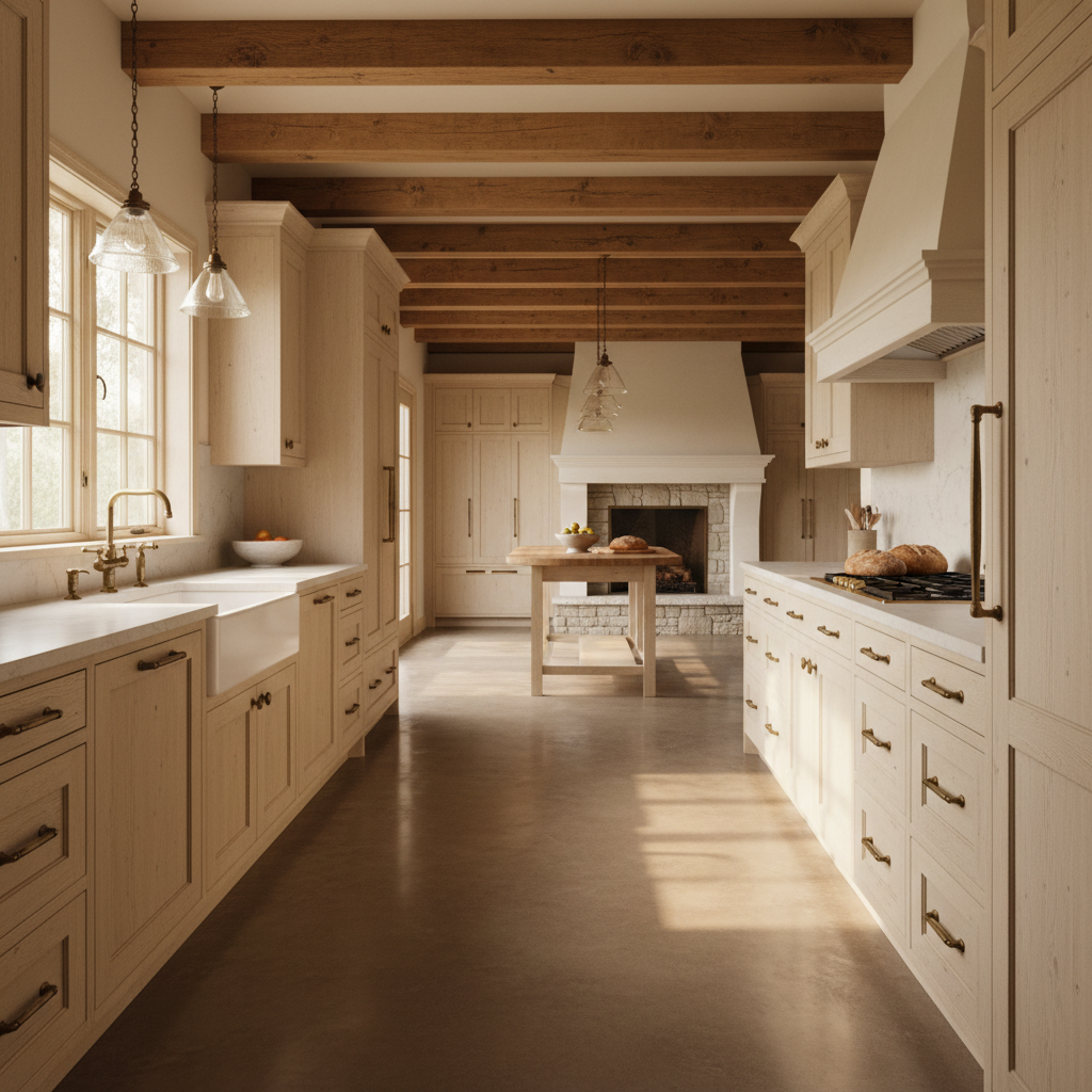 Luxury custom kitchen cabinetry with integrated appliances and floor-to-ceiling storage in warm wood tones, bright showroom lighting