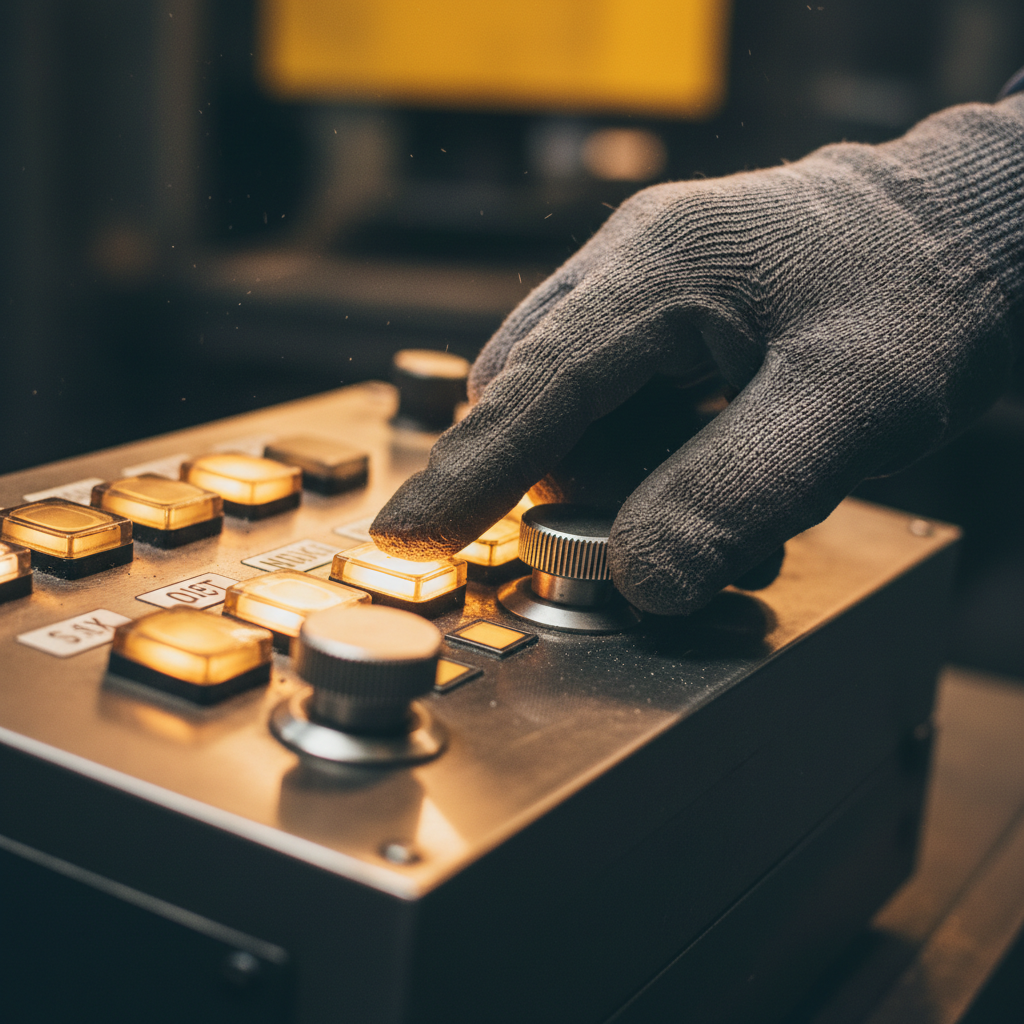 Close-up of a gloved operator hand on a CNC forging press control panel with amber status lights