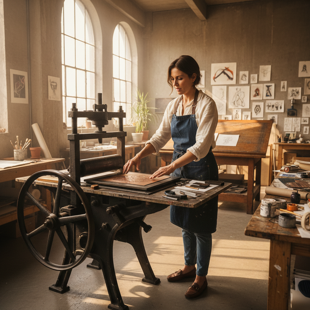 Margot Haines, intaglio instructor, standing beside an etching press in a Brooklyn studio