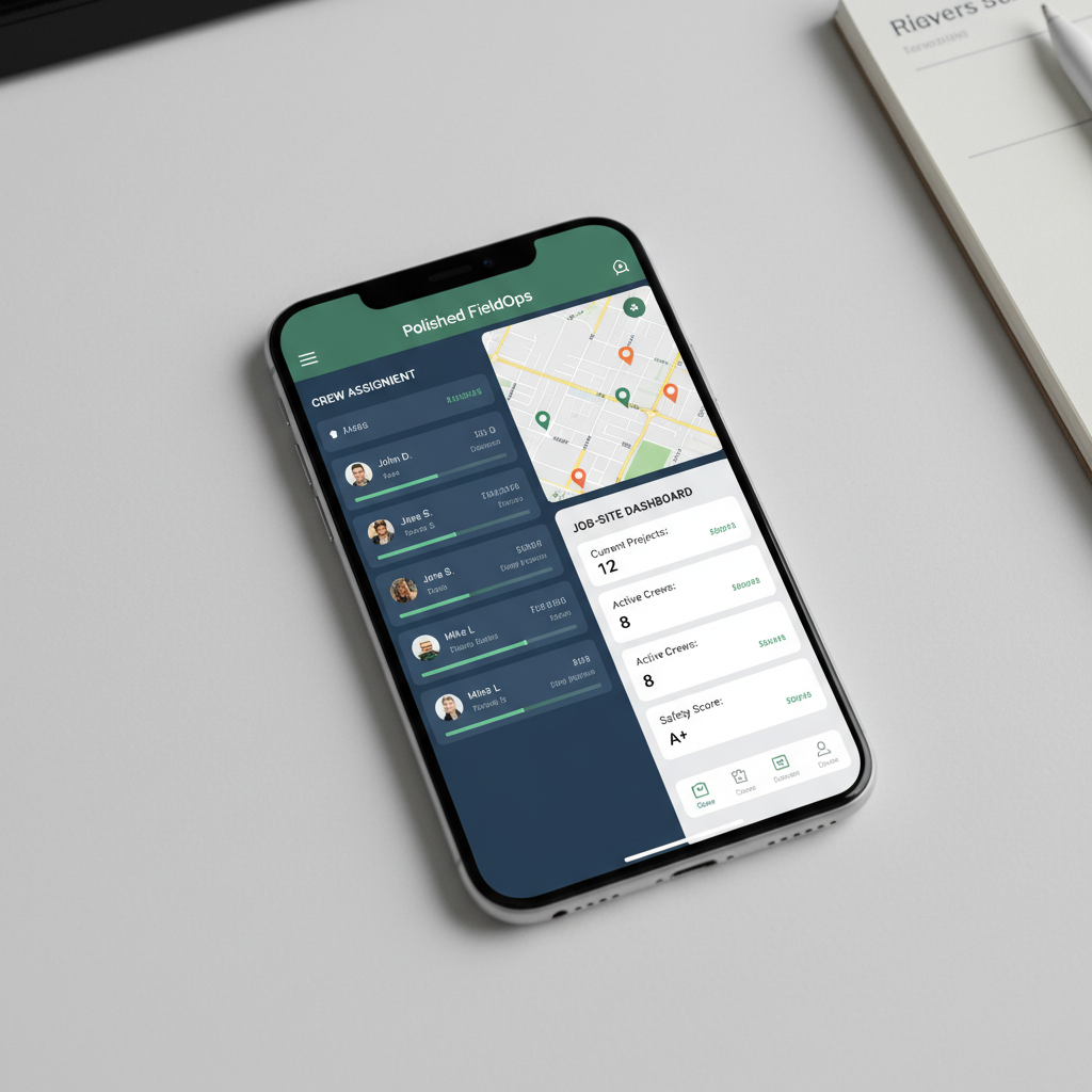 Polished FieldOps iOS app showing crew assignment and job-site dashboard
