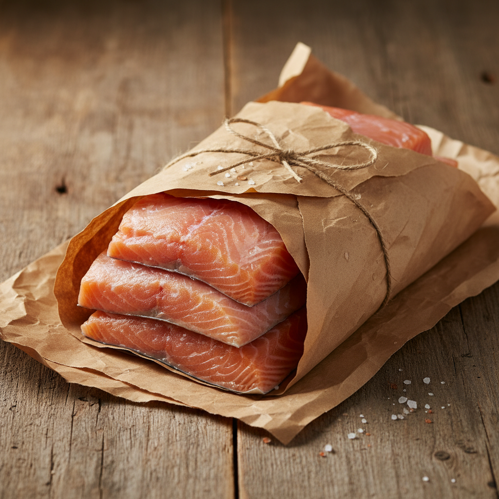 Butcher paper-wrapped fresh fish fillets stacked on a wooden table ready for delivery