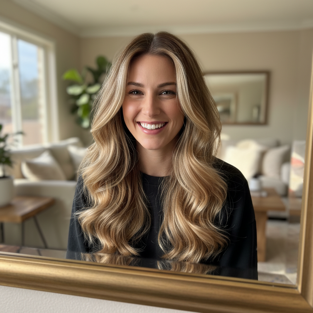 Fresh balayage result in a living room mirror, client smiling
