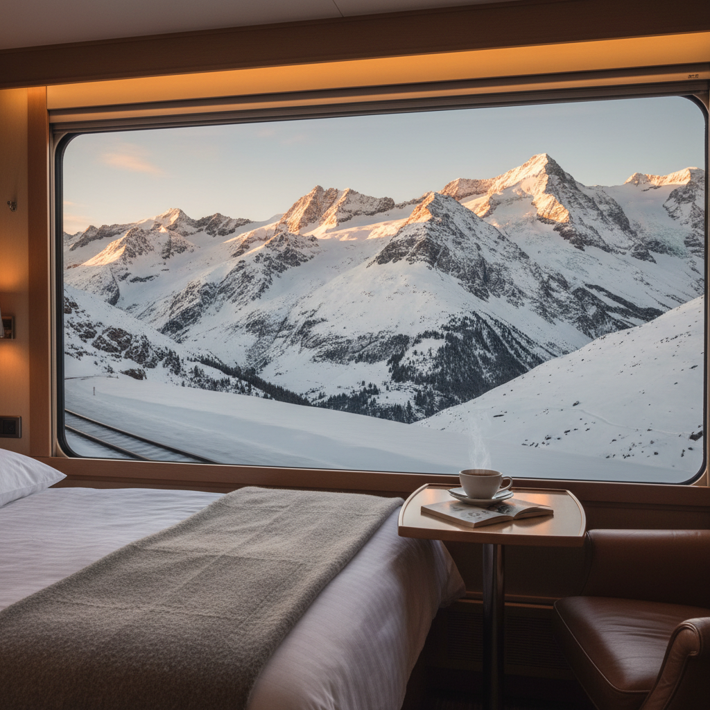 Luxury sleeper train window view of snow-capped Swiss Alps at golden hour