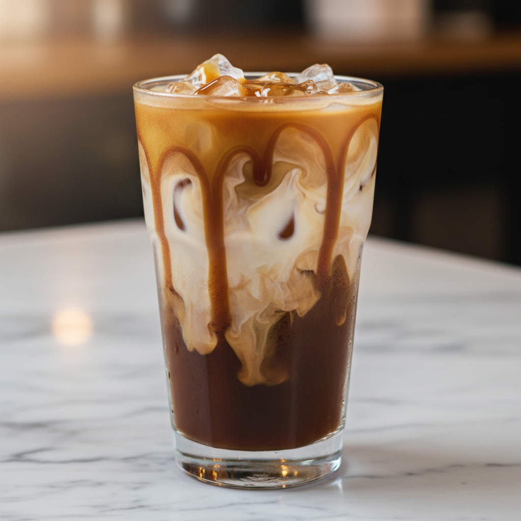 Iced latte in a tall glass with caramel swirl and oat milk foam in bright natural light
