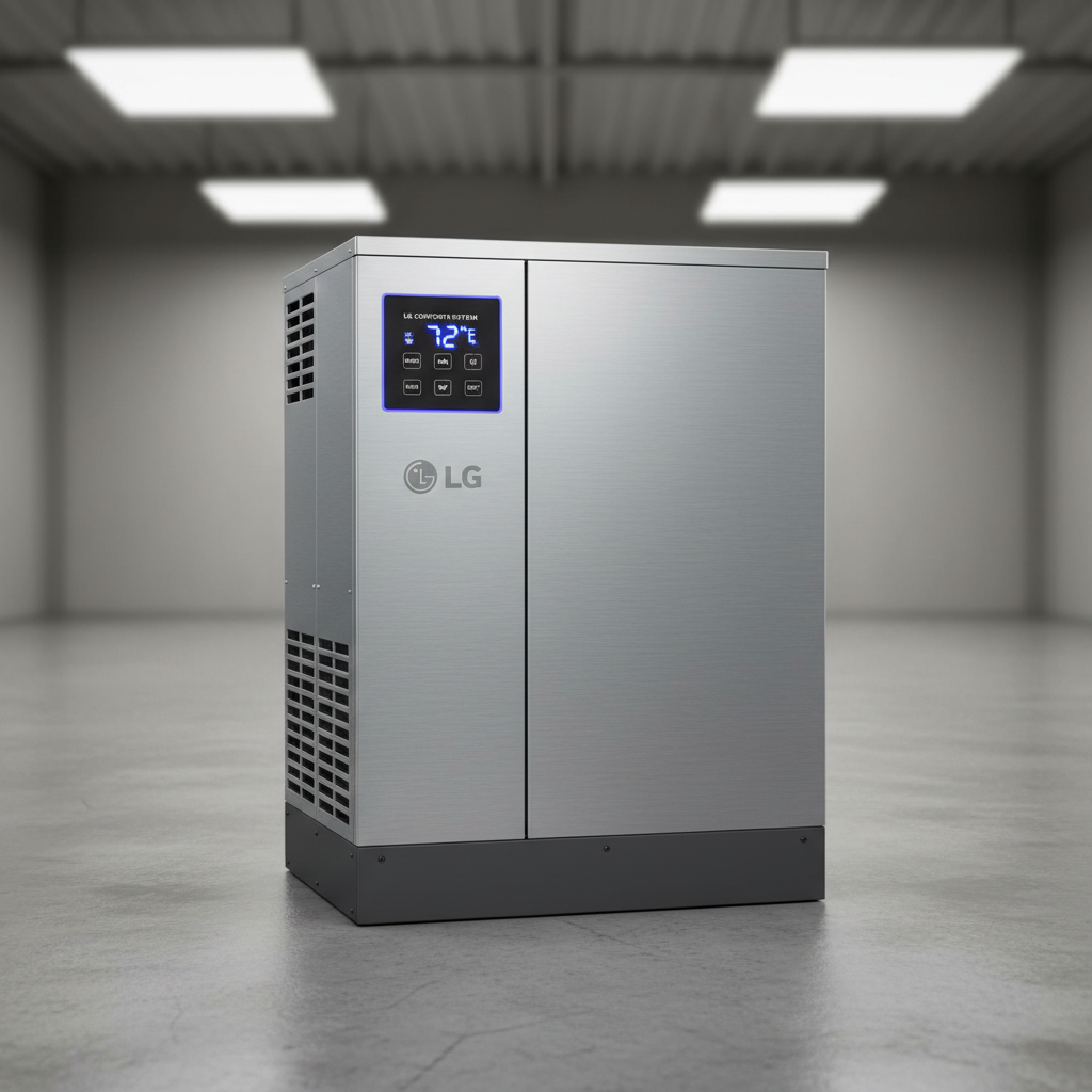 Modern high-efficiency furnace unit in a clean basement utility room, white housing, digital controls visible, professional installation
