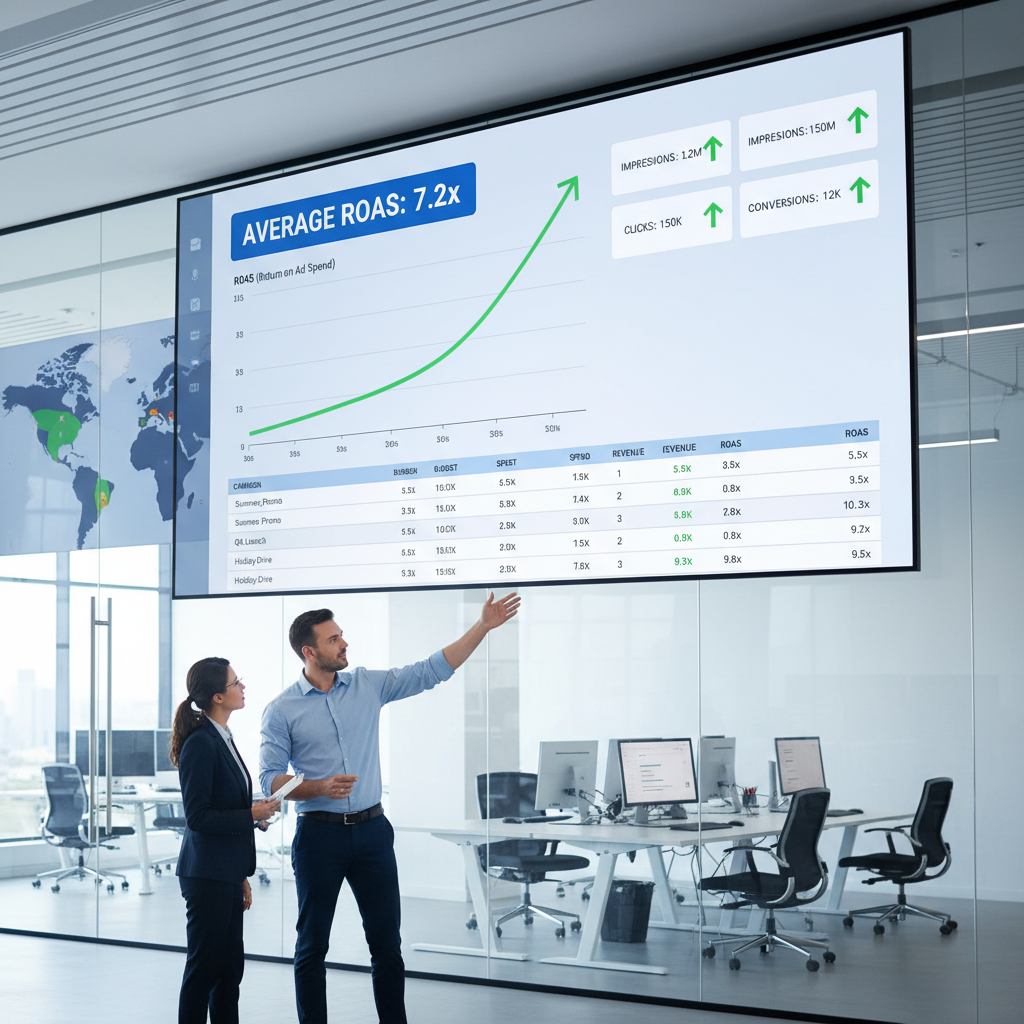 Performance marketing analytics dashboard showing upward trending ROAS metrics and campaign data