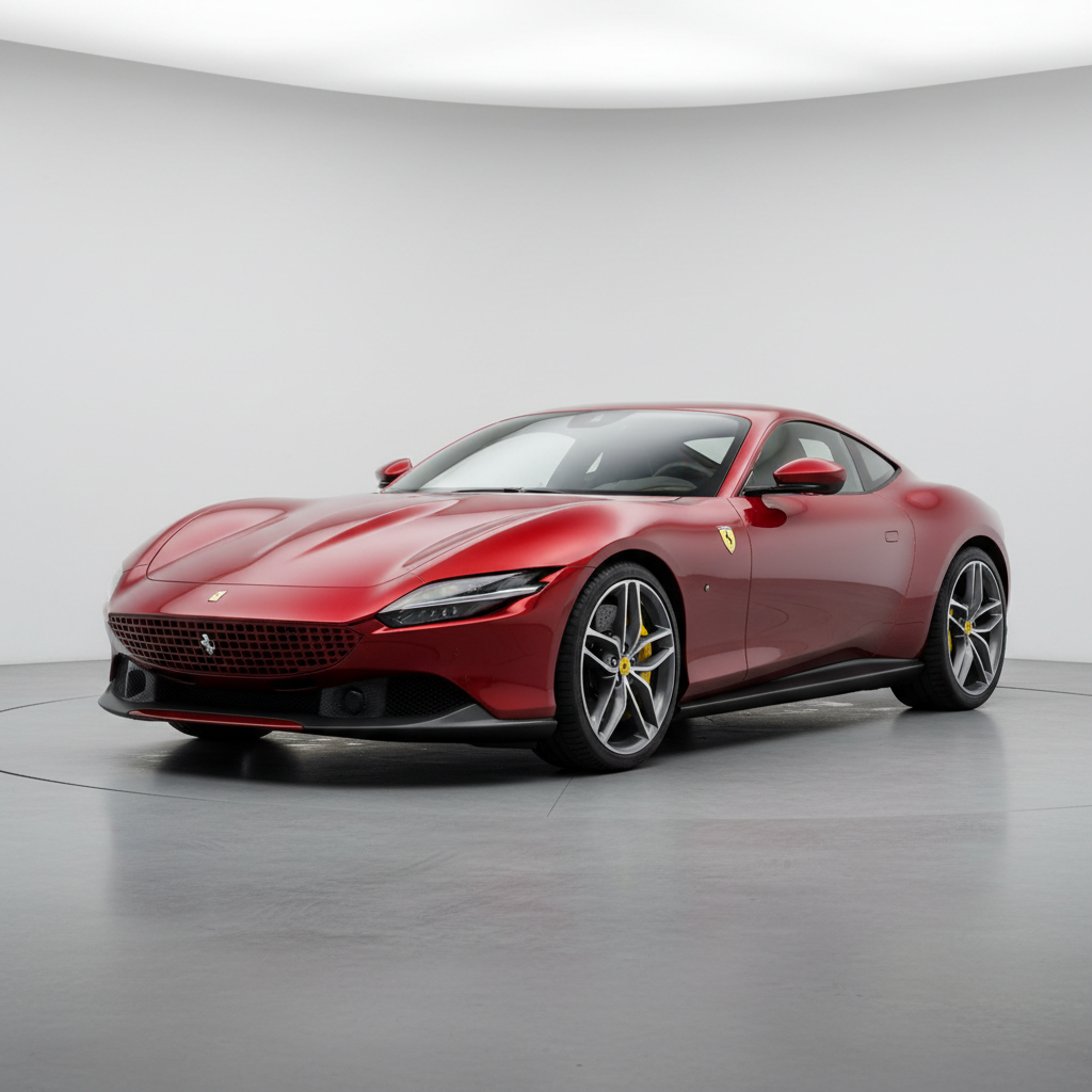 Ferrari Roma in Nero Daytona black, sleek GT silhouette, dramatic low studio lighting, gloss black bodywork gleaming