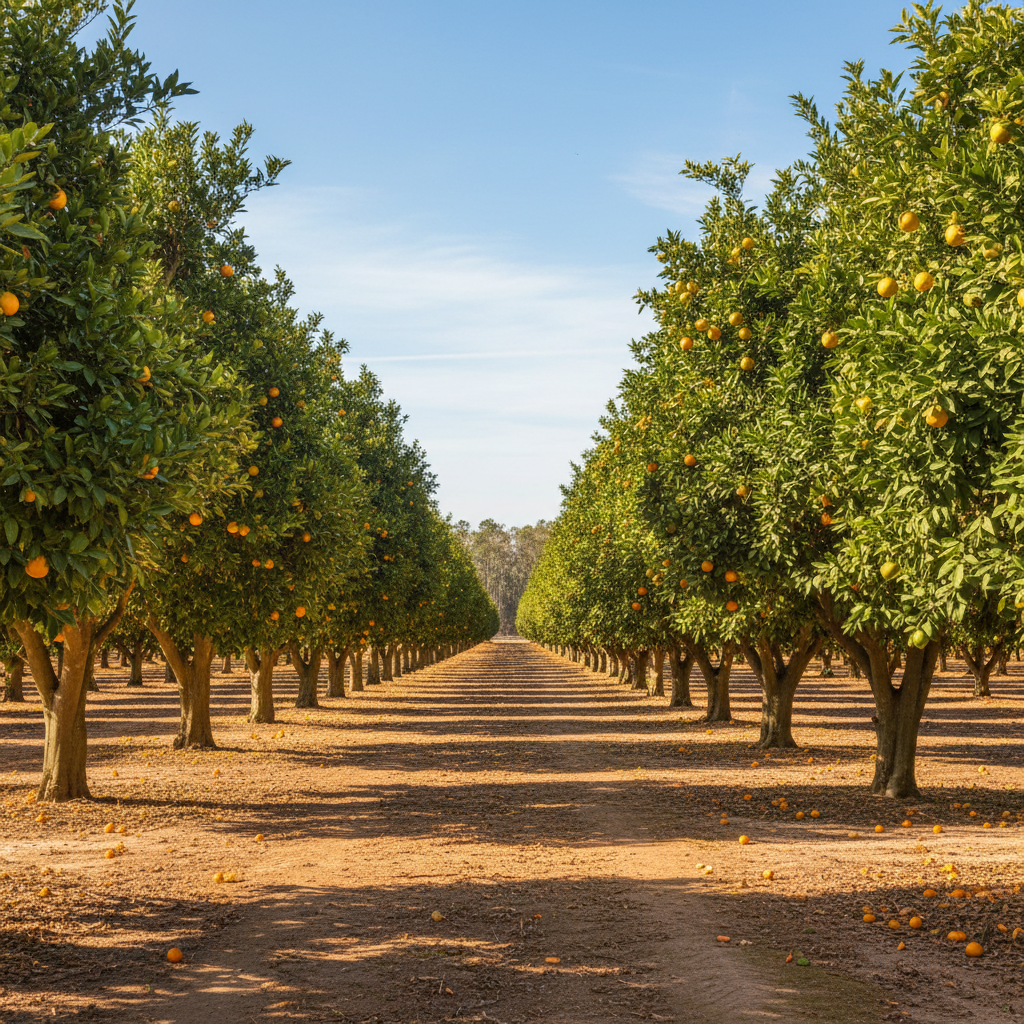 Florida citrus grove showing clear ground clearance under tree canopies, organized trunks with clear lower zone, equipment access visible between rows