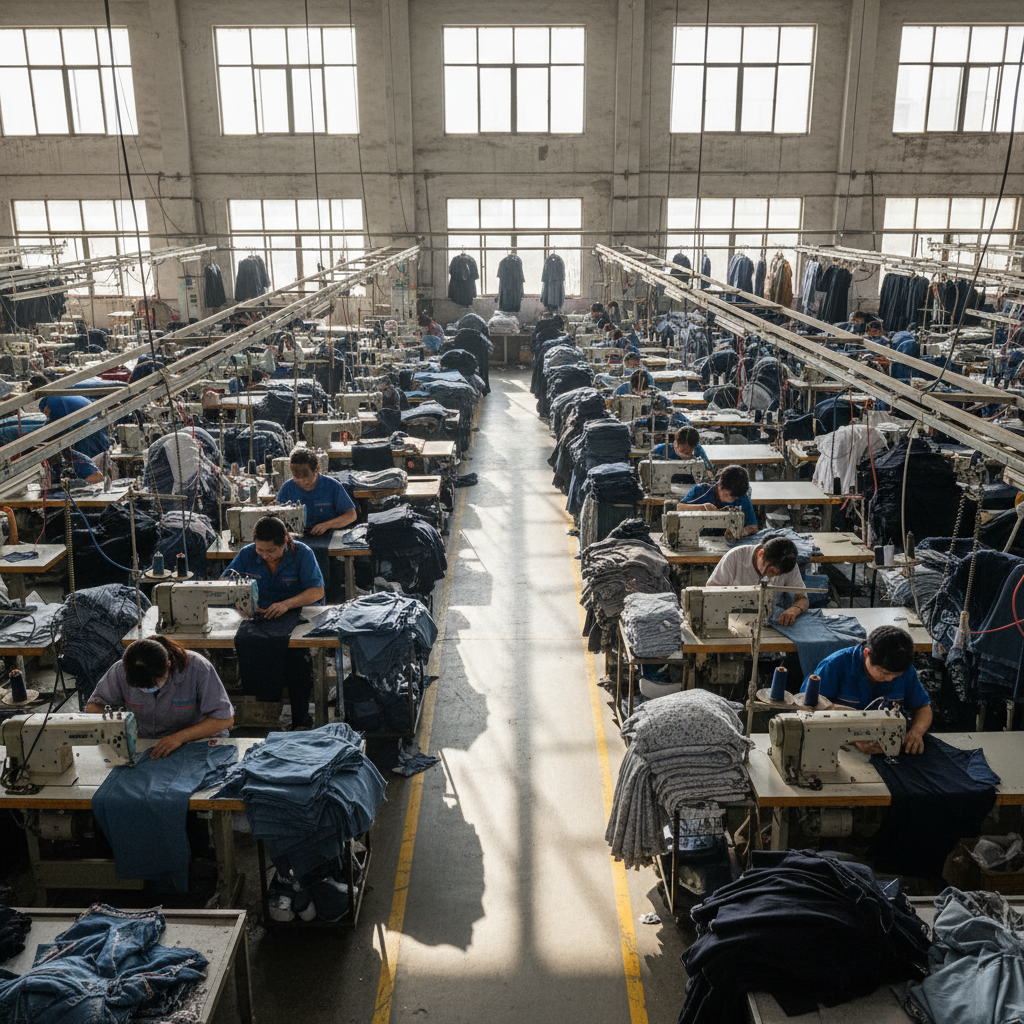 Seamstresses working on garments in bright, well-lit manufacturing facility, sewing machines, fabric bolts