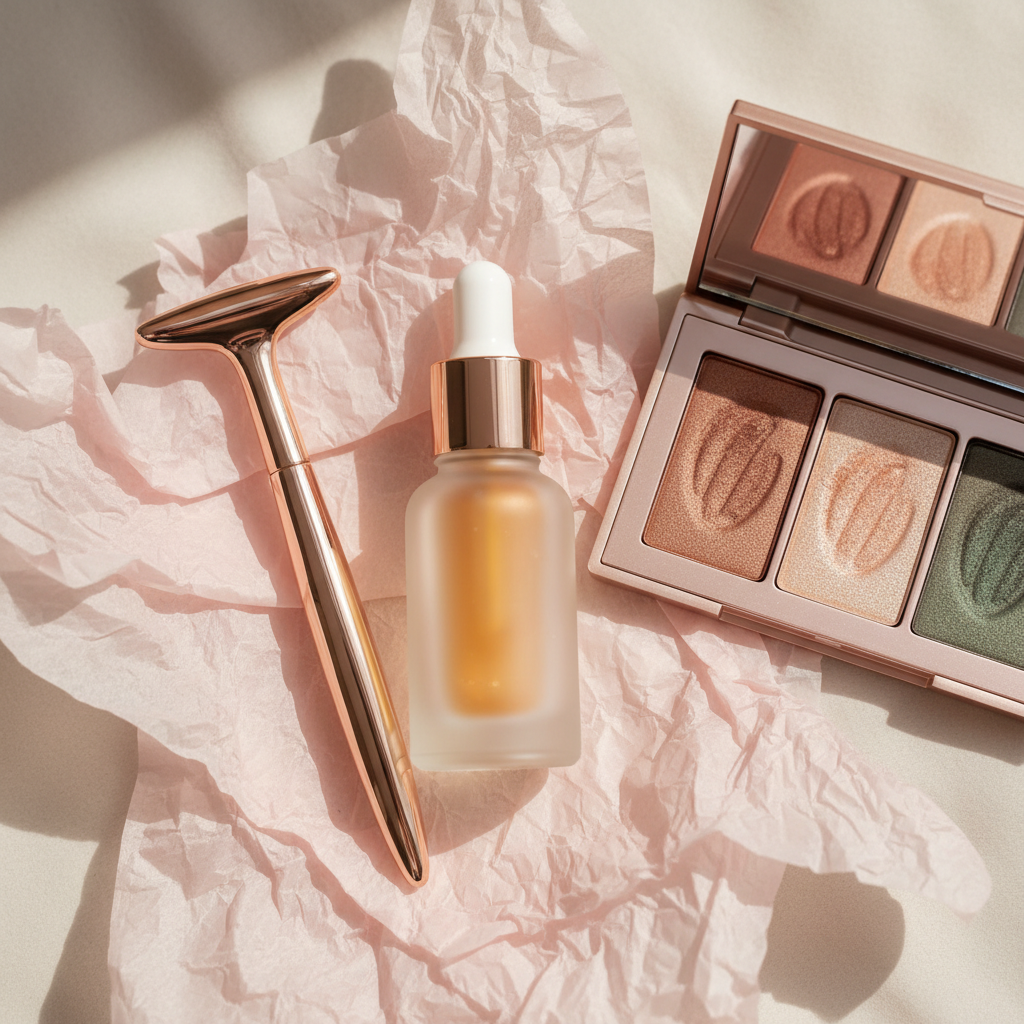 Luxurious beauty and fashion flatlay with roses, makeup and accessories, deep moody shadows, dark rich tones, cinematic low-key lighting
