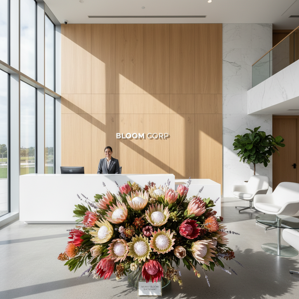 Large fresh flower arrangement for corporate lobby with seasonal blooms