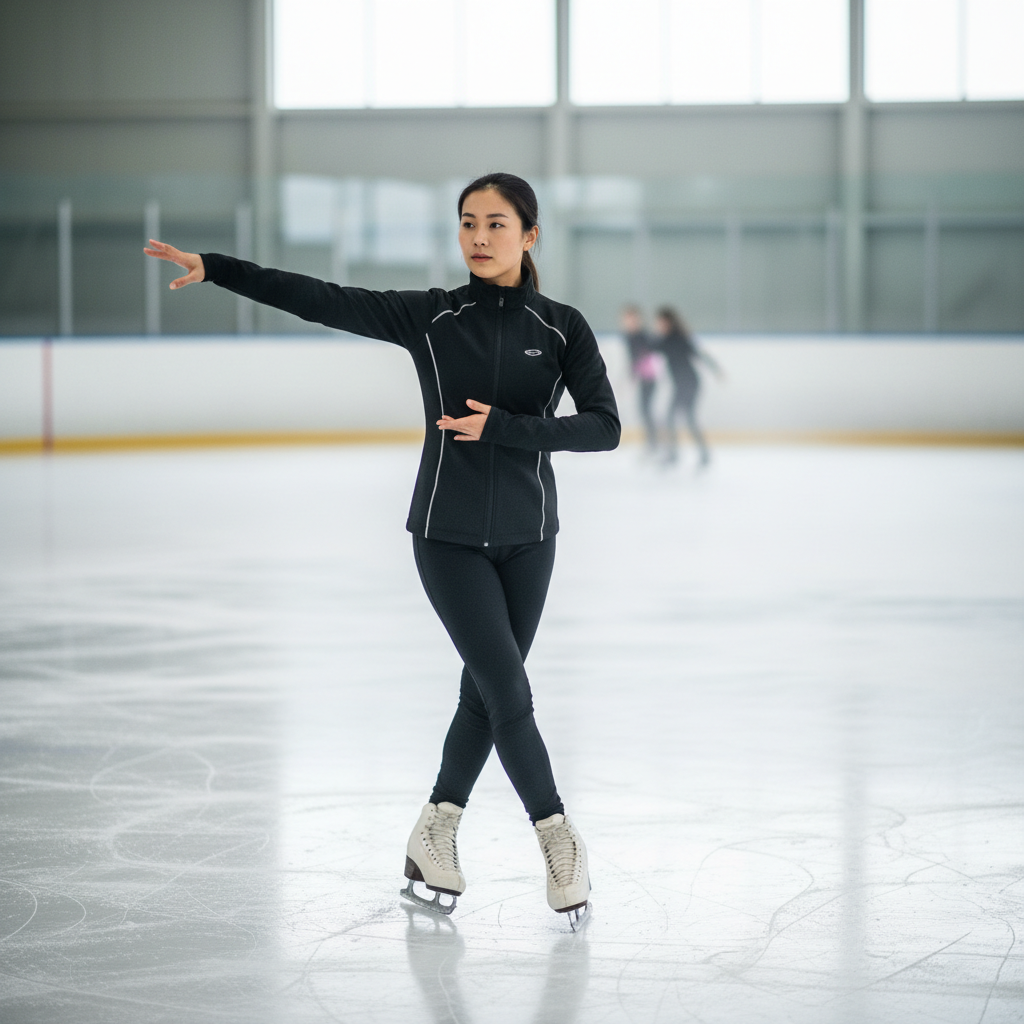 Female Asian skating coach demonstrating arm position with elegant posture on ice surface