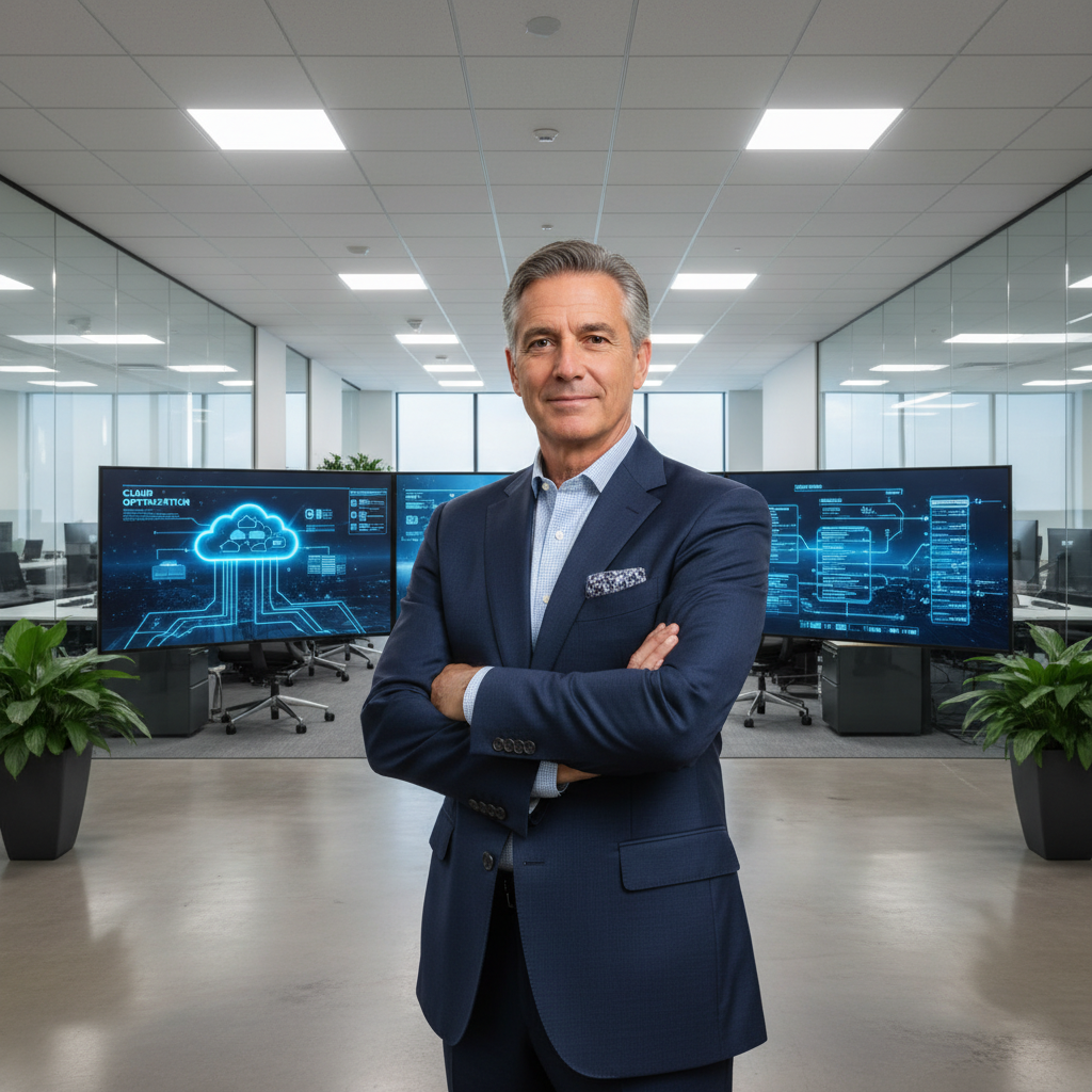 Marcus Webb confident man in business casual, modern workspace background