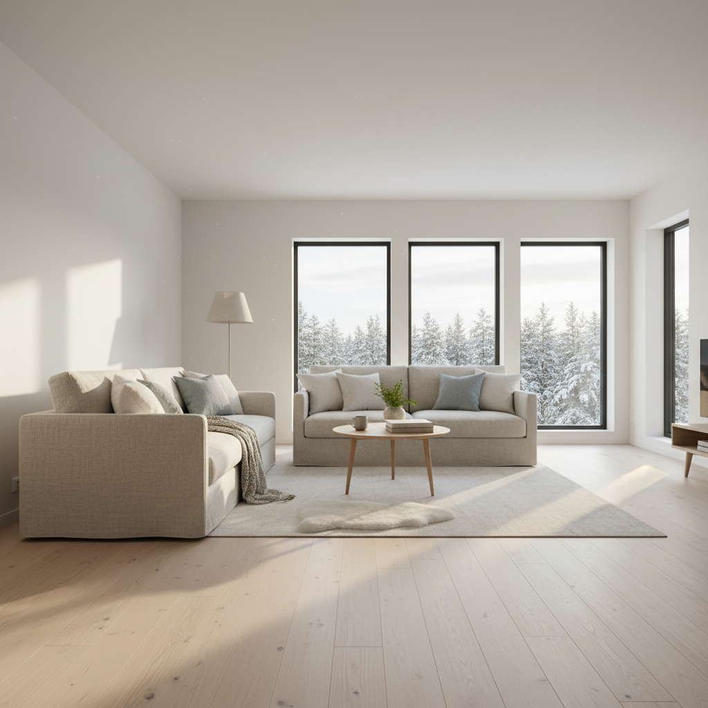 Warm wood-look porcelain plank tiles in bright Scandinavian-style living room with natural daylight
