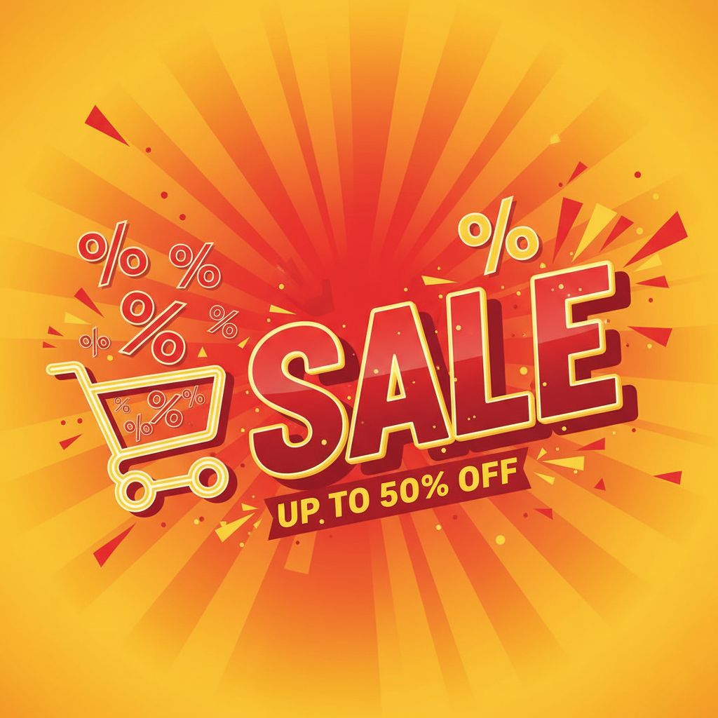 E-commerce shopping cart conversion ad with sale badge on colorful background