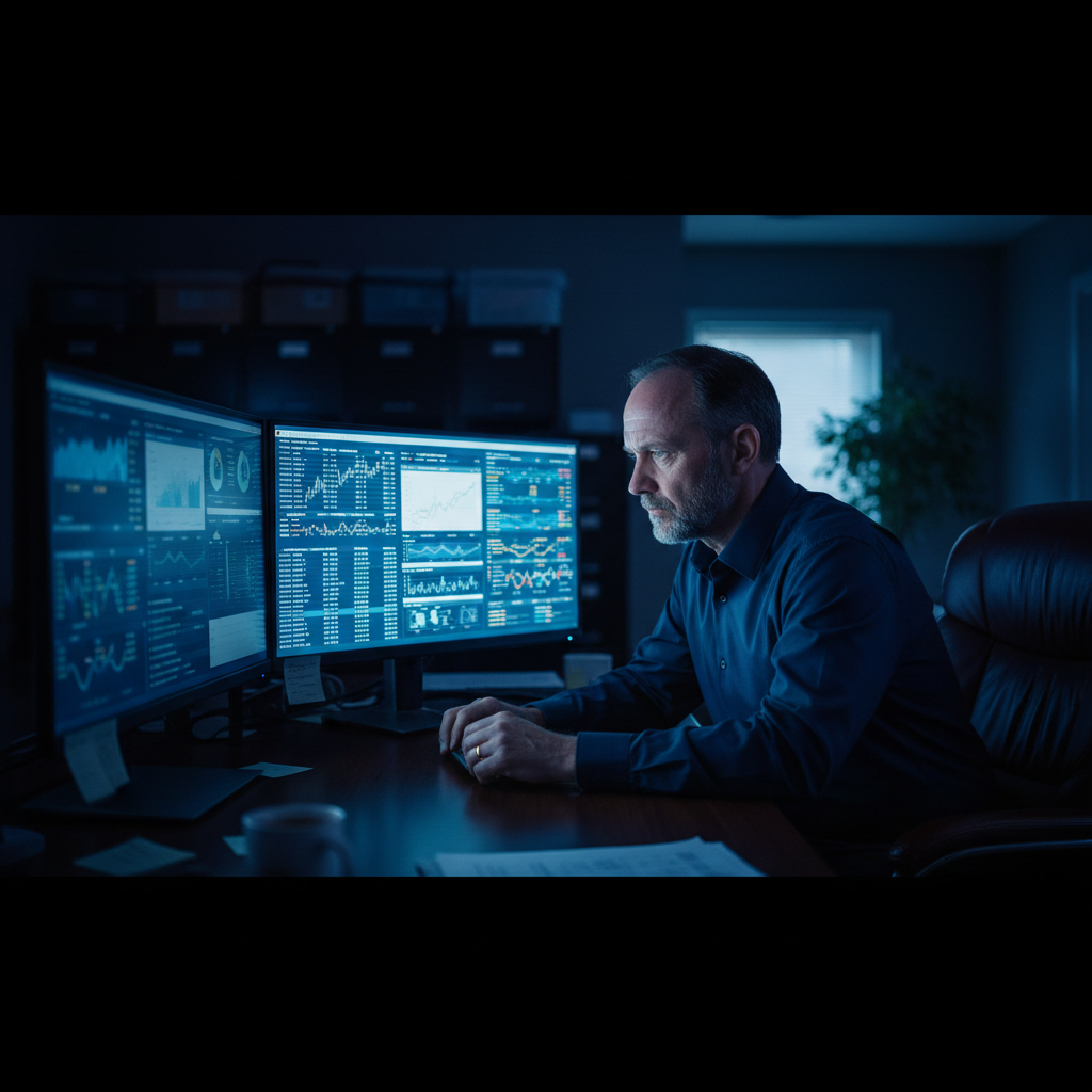 Marcus Delano, conversion architect, reviewing insurance website analytics on dual monitors in a dark office with indigo screen glow
