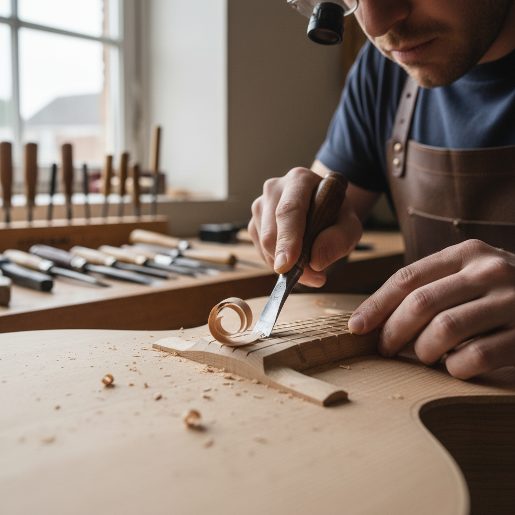 Luthier carving a brace on a guitar top with a sharp chisel, fine wood shavings visible