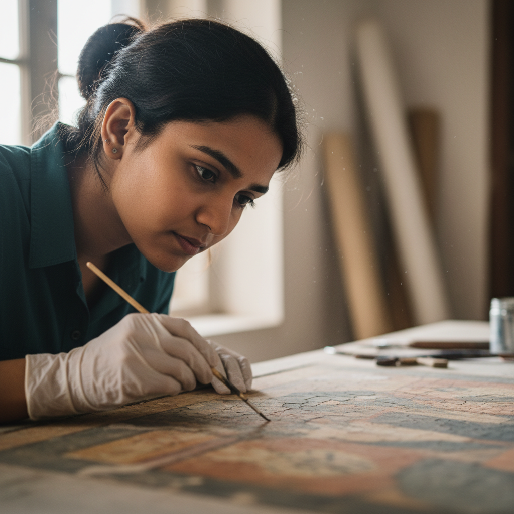 Young Indian woman conservator carefully working on a palace fresco with fine brushes, wearing protective gloves, focused expression