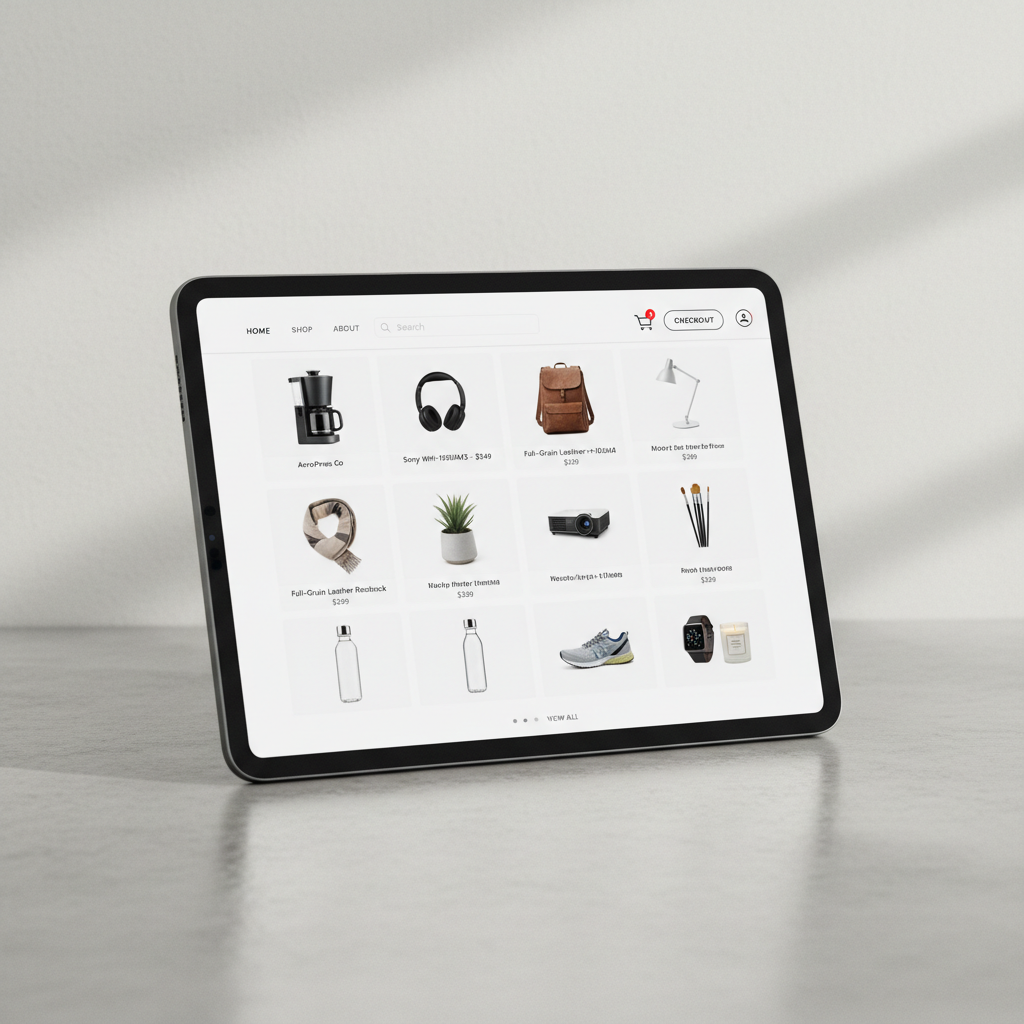 E-commerce checkout flow on laptop screen, dark background, product grid interface, modern UI