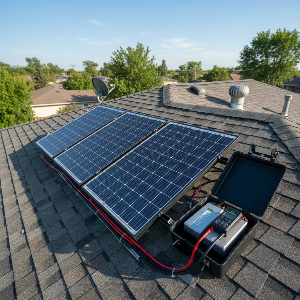 Small solar panel setup on suburban roof with battery bank and charge controller