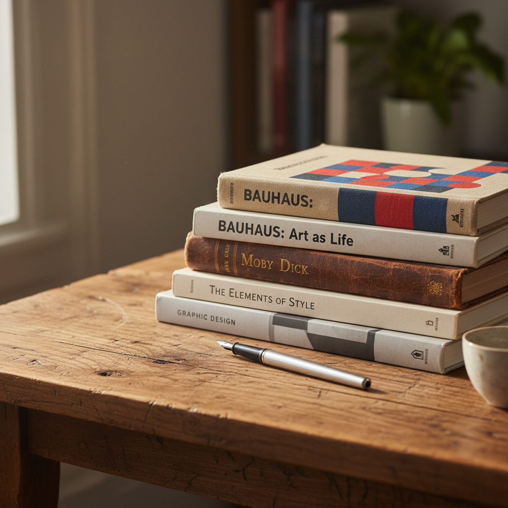 Large format art and architecture coffee table books stacked, natural light