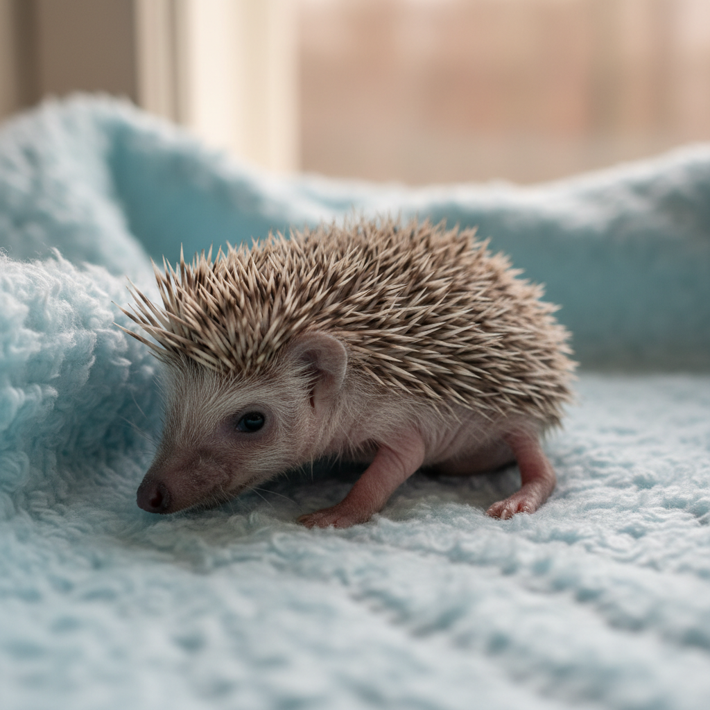 Thistle a very small thin hedgehog lying on soft vet bedding receiving care, looking fragile but alive