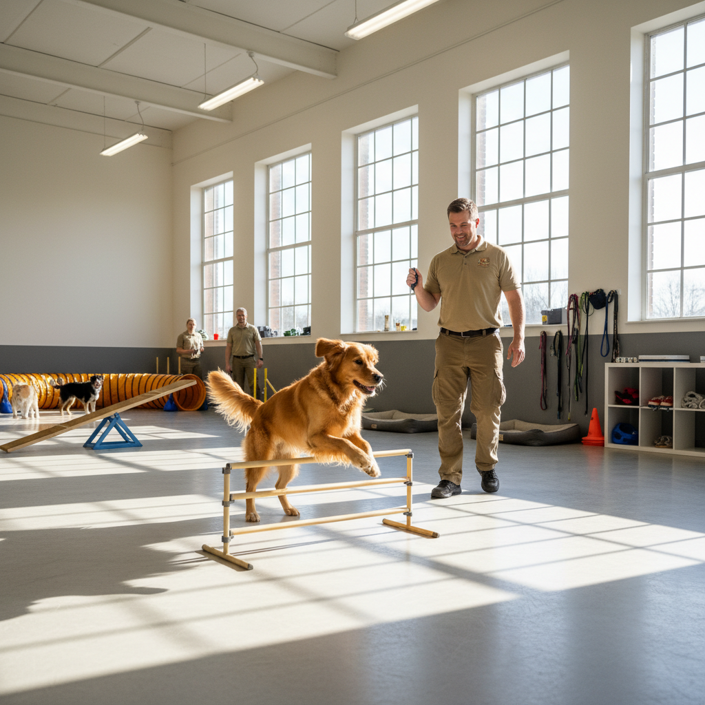 Golden retriever jumping over agility hurdle in training course